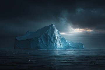 Glacial iceberg illuminated by dawn light