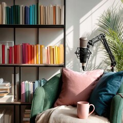 Cozy reading nook with bookshelves and microphone