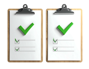 Two clipboards with green checkmarks on white checklists