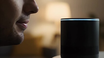 Voice Interaction with smart speaker: A man engages with a sleek, modern smart speaker, showcasing the seamless integration of voice command technology and its user-friendly design.