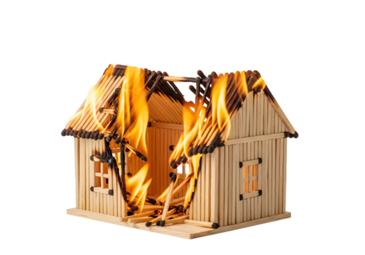 A miniature wooden house crafted from matches, ablaze in flames, symbolizes the destructive nature of fire.