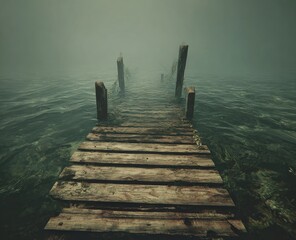 Fototapeta premium Foggy, decaying pier extends into mist