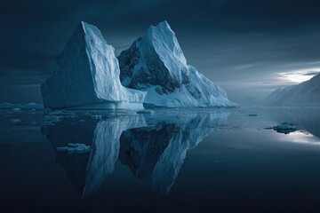 Icebergs reflected in a calm sea at twilight
