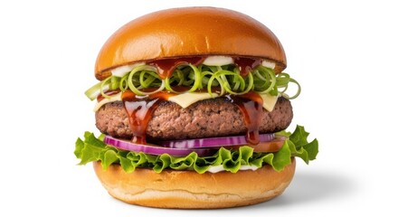 Delicious gourmet burger with fresh ingredients isolated on white background