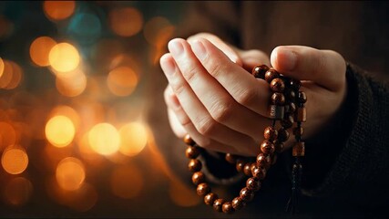 A persons hands hold prayer beads against a backdrop of blurred lights - Powered by Adobe