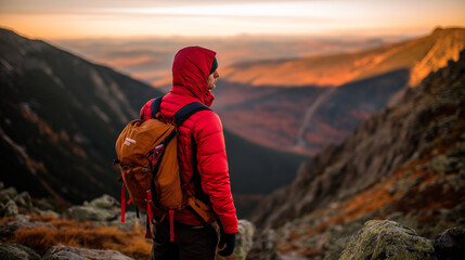 climbing. Solo hiker on mountain trail during golden hour, with blurred mountain backdrop. tourism brochures, itinerary planners, designed for hospitality marketing for hotel rooms and spa retreats.
