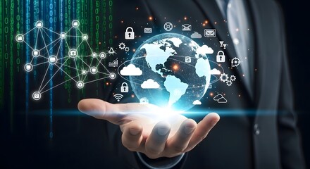 A person holding a glowing globe with digital icons and network connections in their hand showing data
