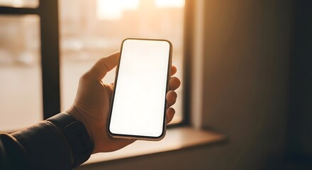 A person holding a smartphone with a blank white screen near a window during daytime indoors