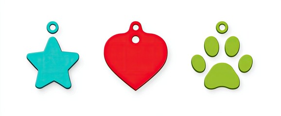 Three colorful pet tag shapes