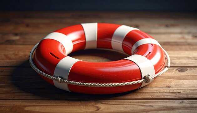 Red and white life preserver rests on a wooden plank surface, its rope coiled beneath, creating a hopeful, nautical-themed image - Powered by Adobe