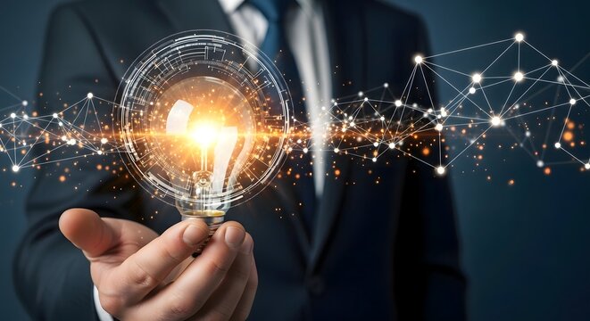 A person in a suit holding a lightbulb with a glowing center and digital network connections