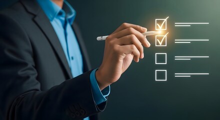 A person in a suit marking a digital checklist with a pen, indicating completion of tasks and goals