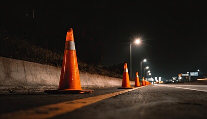 Orange traffic cones line a dark highway at night
