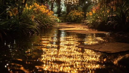 A pathway through a botanical garden,  water reflecting twinkling lights. Lush greenery and vibrant flowers flank the path