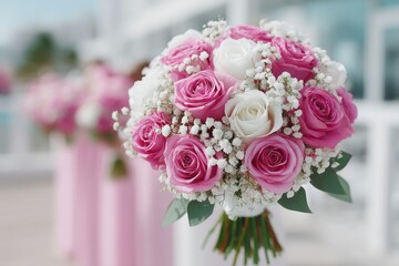 Obraz premium Close Up of Pink and White Rose Bridal Bouquet with Baby's Breath Accents Featuring Soft Focus Wedding Party in Background