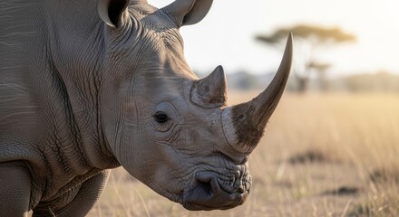 Fototapeta premium Majestic White Rhinoceros Close up in African Savanna During Golden Hour