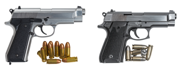 Detailed View of Two Silver and Black Pistols with Golden Bullets on Transparent Background