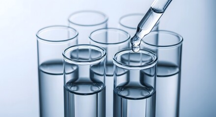 A pipette dropping clear liquid into a test tube surrounded by other glass test tubes filled with liquid
