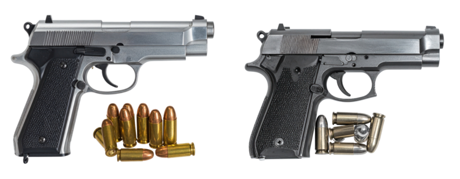Detailed View of Two Silver and Black Pistols with Golden Bullets on Transparent Background
