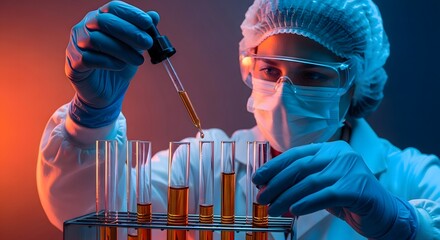 A scientist in protective gear using a dropper with test tubes in a laboratory setting