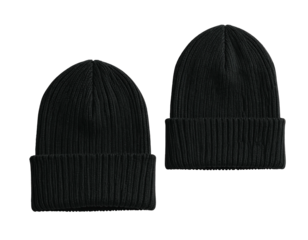 Two black ribbed knit beanies