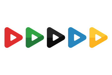 Five colorful play buttons arranged in a line on a white background, symbolizing media playback.