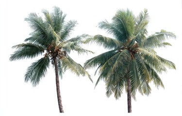 Obraz premium Two coconut palms against a white background. Full-bodied, lush green fronds extend outward from tall, slender trunks