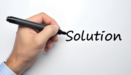 Hand writing the word “Solution” with a black marker on white background, concept of problem solving, business, idea, and strategy.