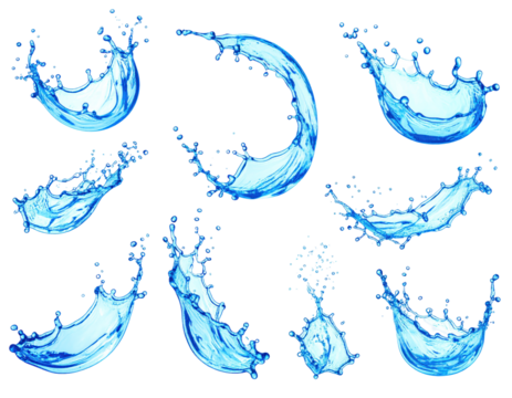 Watercolor Style Collection Of Water Splashes In Various Angles And Dynamic Motions Against Transparent Background Showcasing Blue And White Hues