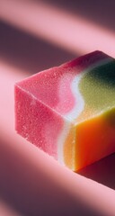 Close-up of a colorful bar of soap, with vibrant pink, yellow, and green swirled layers.  Sunlight casts dramatic shadows