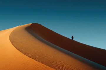 A solitary figure ascends a vast sand dune under a clear, vibrant sky