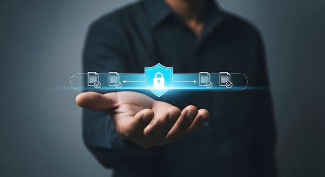 Man holding digital documents with security shield and padlock in palm of hand illustration - Powered by Adobe