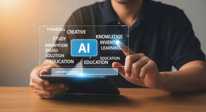 Man interacting with ai interface on a tablet displaying knowledge and learning concepts and ideas - Powered by Adobe