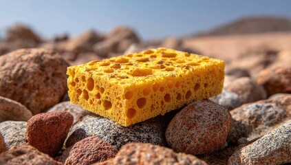 Yellow sponge rests on rocks in desert