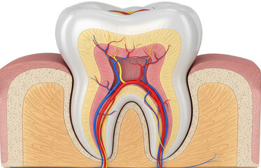 Anatomical model of a human tooth cross-section showing roots pulp nerves and blood vessels. Medical education report or book title.