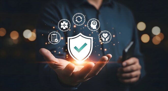 Man presents shield with checkmark surrounded by health and protection icons in his open hand - Powered by Adobe