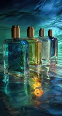 Four perfume bottles in various shades of teal, green, and gold, displayed on a reflective surface with a teal and blue background