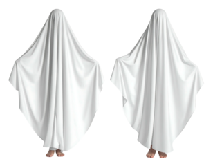 Two figures shrouded in large white sheets