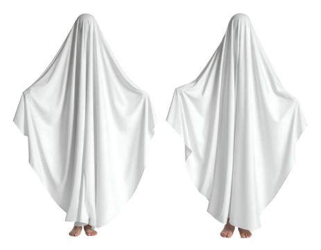 Two figures shrouded in large white sheets