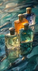 Four square perfume bottles, varying shades of turquoise, gold, and blue, sit on a reflective, teal-toned surface.  Sunlight highlights the bottles' facets