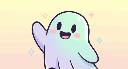Adorable Pastel Ghost Illustration with Waving Hand and Smiling Face for Halloween Greetings and Educational Resources for Children