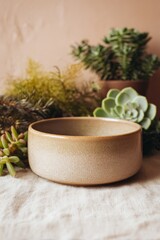 Light beige ceramic bowl on linen cloth, surrounded by succulents and greenery