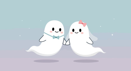 Adorable Ghost Couple Illustration for Halloween Wedding Invitations and Spooky Season Decorations, Ideal for Holiday Greetings and Children's Party Themes