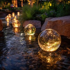 Glass orbs with lights float on a flowing stream