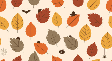 Seamless Autumn Leaves Pattern with Halloween Elements for Festive Backgrounds, Ideal for Seasonal Decor, Digital Paper, and Creative Graphic Projects.