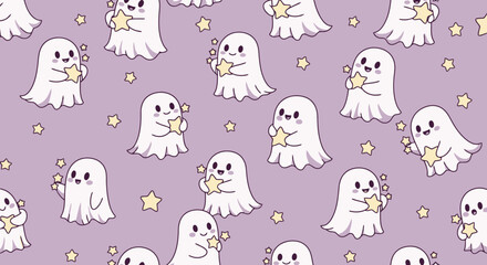 Adorable Halloween Seamless Pattern Featuring Cute Ghosts Holding Stars on a Pale Purple Background for Festive Textile and Decorative Design