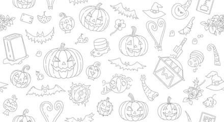 Spooky Halloween Coloring Page with Pumpkins, Bats and Witches Hats Seamlessly Patterned for Children's Creative Activities