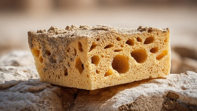 A porous, light yellow sponge-like rock sits atop a light beige stone surface