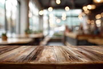 Wooden table top in a cafe. Blurred background of interior
