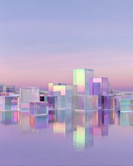 Pastel-toned cityscape of translucent cubes reflected in water
